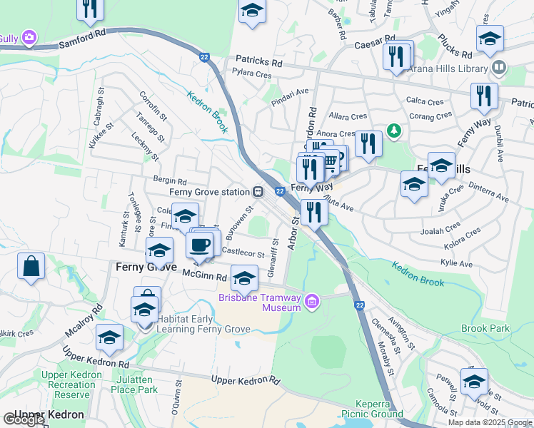 map of restaurants, bars, coffee shops, grocery stores, and more near Bantry Place in Ferny Grove