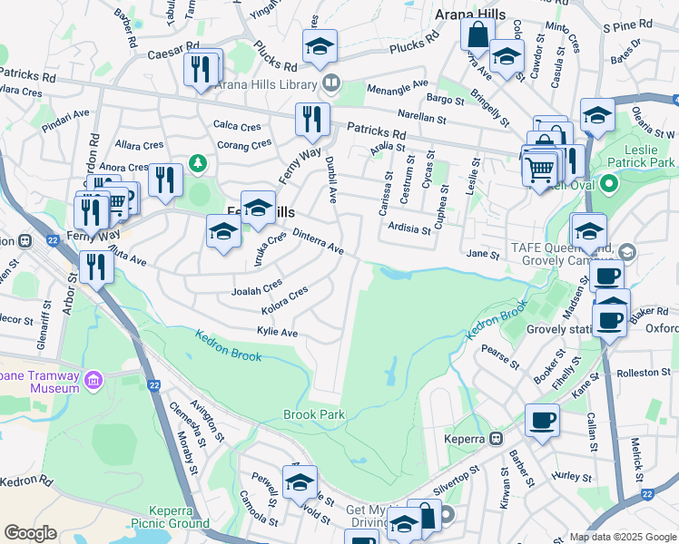 map of restaurants, bars, coffee shops, grocery stores, and more near 9 Kolora Crescent in Ferny Hills