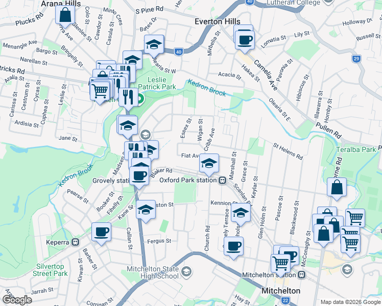 map of restaurants, bars, coffee shops, grocery stores, and more near 17 Fiat Avenue in Mitchelton