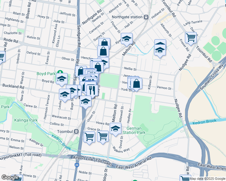 map of restaurants, bars, coffee shops, grocery stores, and more near 27 Dwyer Street in Nundah