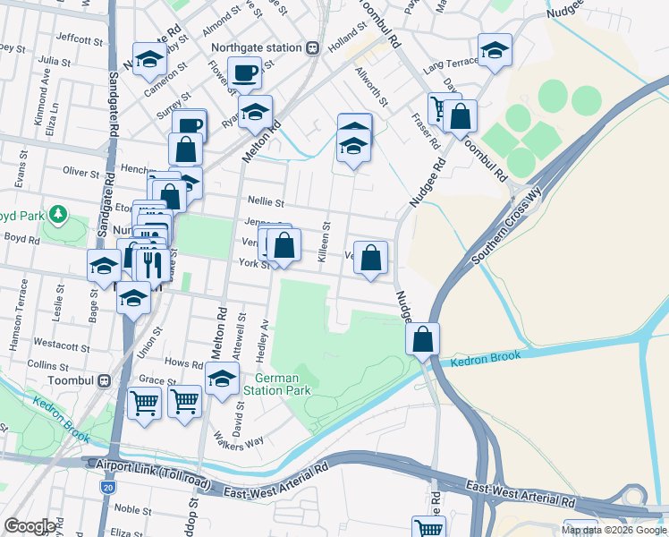map of restaurants, bars, coffee shops, grocery stores, and more near 130 York Street in Nundah