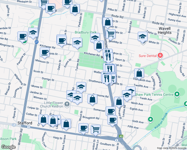 map of restaurants, bars, coffee shops, grocery stores, and more near 19 Maudsley Street in Kedron