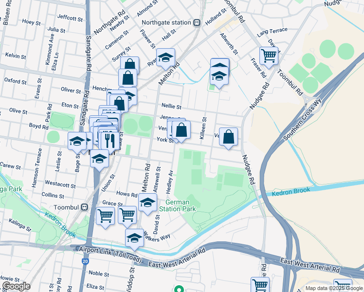 map of restaurants, bars, coffee shops, grocery stores, and more near 91 York Street in Nundah