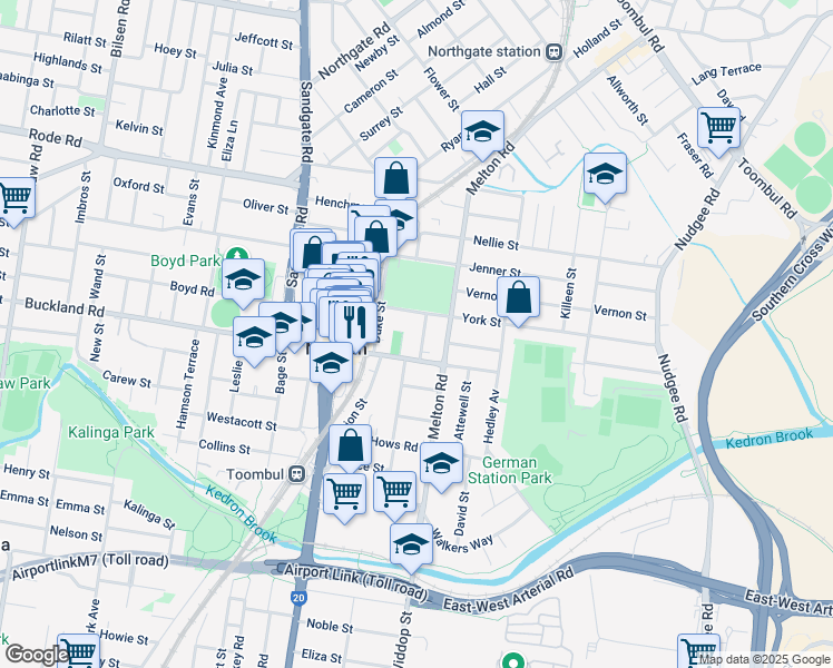 map of restaurants, bars, coffee shops, grocery stores, and more near 18 Dwyer Street in Nundah
