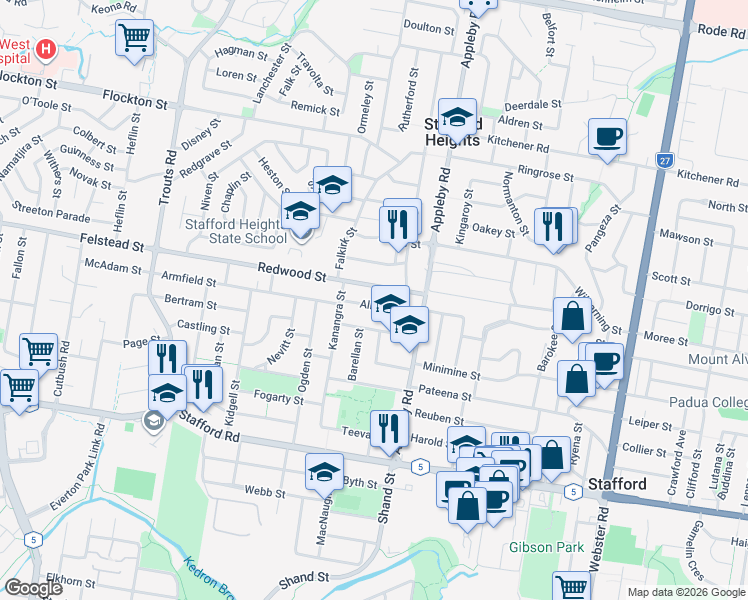 map of restaurants, bars, coffee shops, grocery stores, and more near 29 Allowrie Street in Stafford