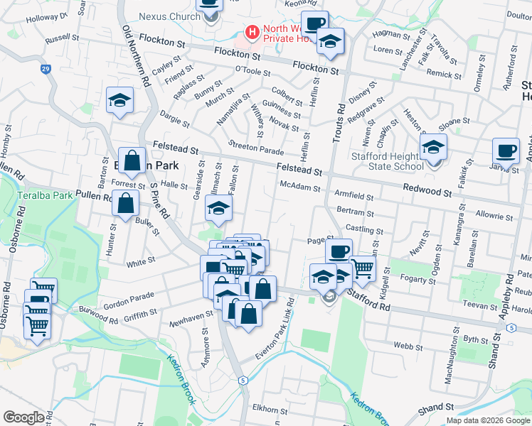 map of restaurants, bars, coffee shops, grocery stores, and more near 82 Cutbush Road in Everton Park