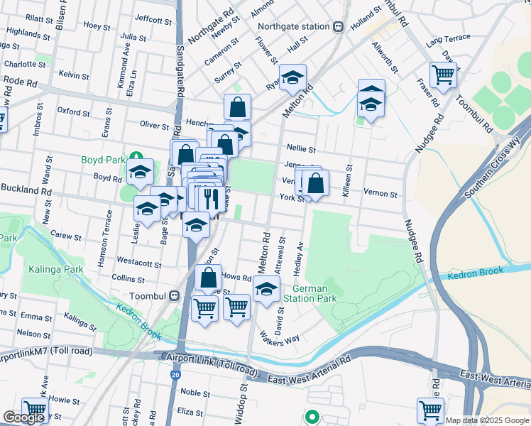 map of restaurants, bars, coffee shops, grocery stores, and more near 114 Melton Road in Nundah