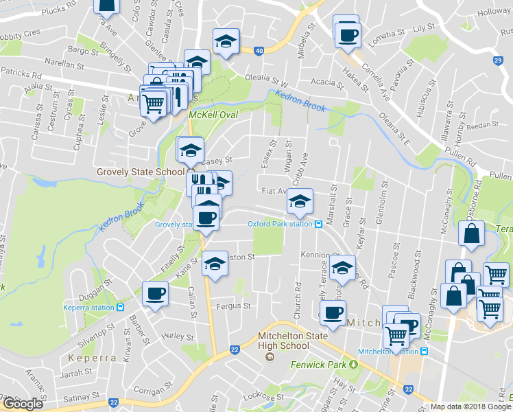 map of restaurants, bars, coffee shops, grocery stores, and more near 51 Railway Parade in Mitchelton