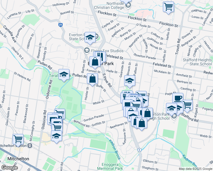 map of restaurants, bars, coffee shops, grocery stores, and more near 61 Buller Street in Everton Park
