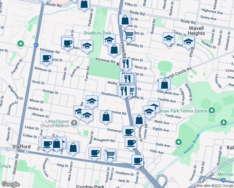 map of restaurants, bars, coffee shops, grocery stores, and more near 1 Caithness Street in Kedron