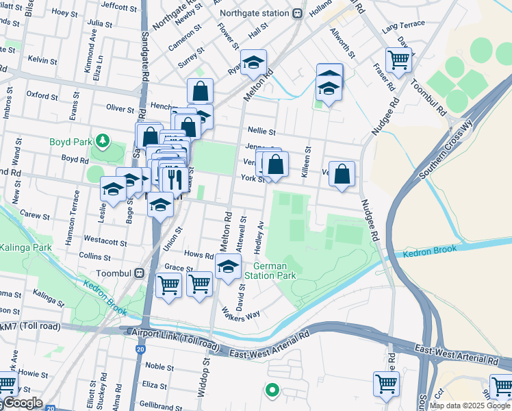 map of restaurants, bars, coffee shops, grocery stores, and more near 13 Buckland Road in Nundah