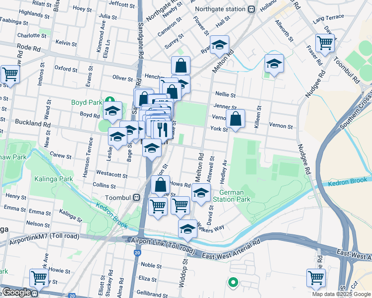 map of restaurants, bars, coffee shops, grocery stores, and more near 58 Buckland Road in Nundah