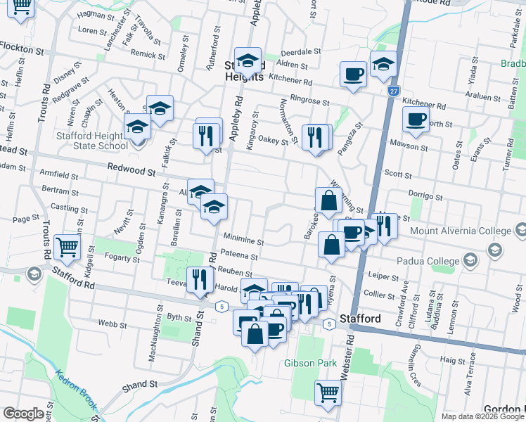 map of restaurants, bars, coffee shops, grocery stores, and more near 42 Dunedoo Street in Stafford