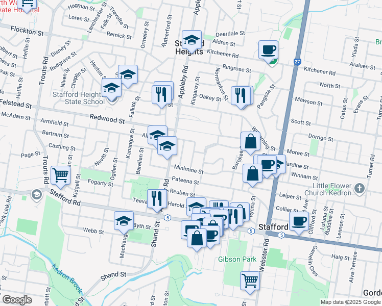 map of restaurants, bars, coffee shops, grocery stores, and more near 18 Gabon Street in Stafford