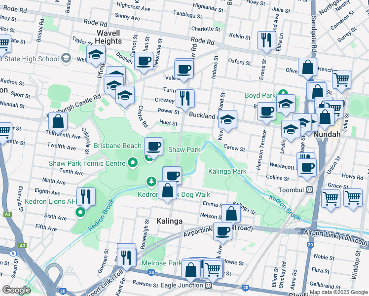 map of restaurants, bars, coffee shops, grocery stores, and more near in Wooloowin