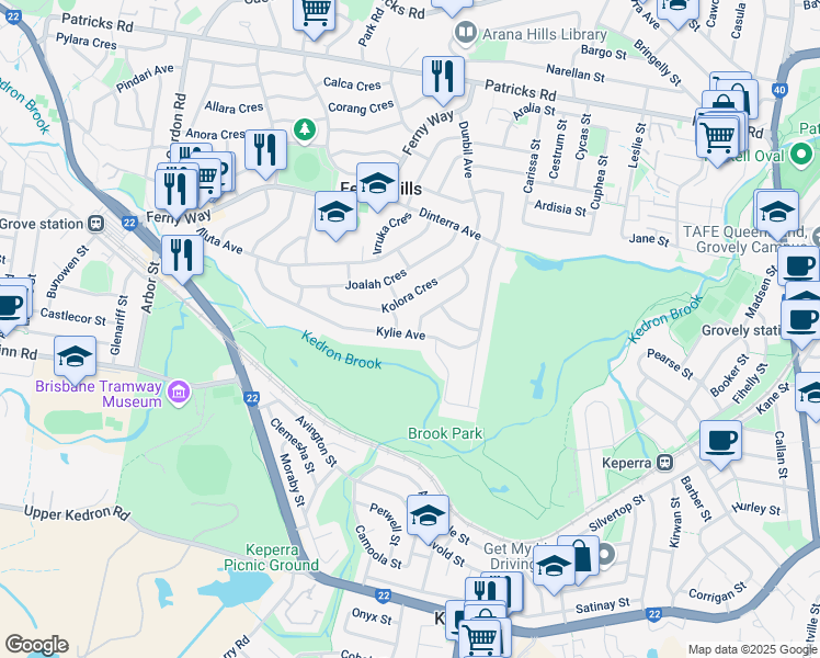 map of restaurants, bars, coffee shops, grocery stores, and more near 68 Kylie Avenue in Ferny Hills