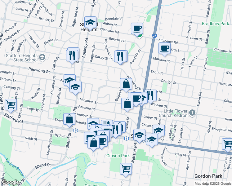 map of restaurants, bars, coffee shops, grocery stores, and more near 40 Barokee Street in Stafford