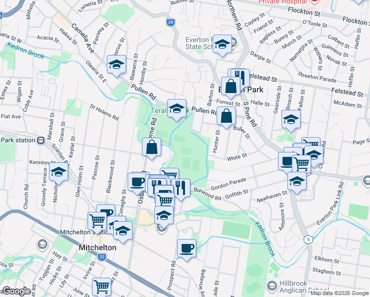 map of restaurants, bars, coffee shops, grocery stores, and more near 120 Pullen Road in Everton Park