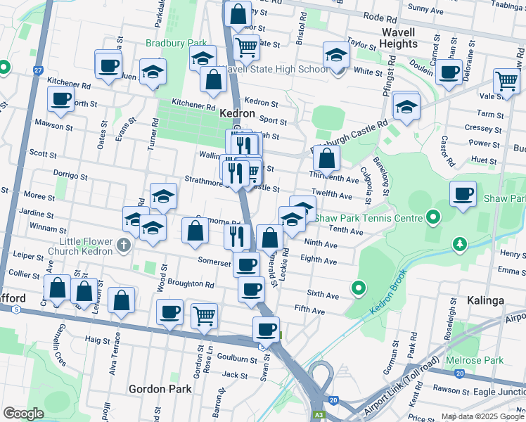 map of restaurants, bars, coffee shops, grocery stores, and more near 15 Seabrook Street in Kedron