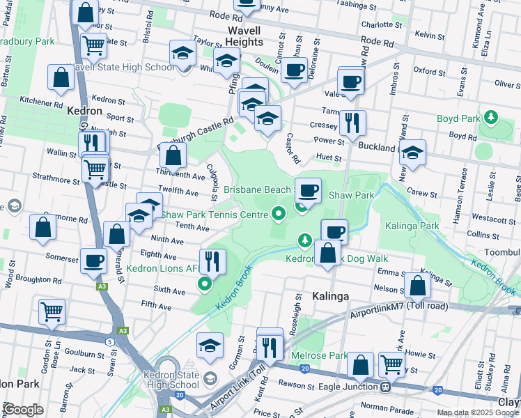 map of restaurants, bars, coffee shops, grocery stores, and more near 150 Shaw Road in Wavell Heights