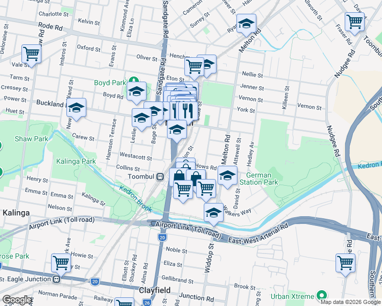 map of restaurants, bars, coffee shops, grocery stores, and more near 8 Amisfield Avenue in Nundah