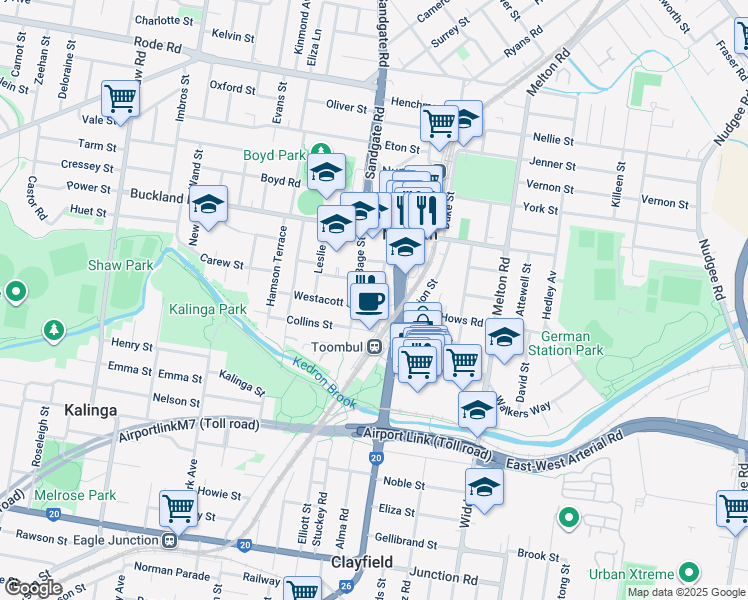 map of restaurants, bars, coffee shops, grocery stores, and more near 1 Westacott Street in Nundah