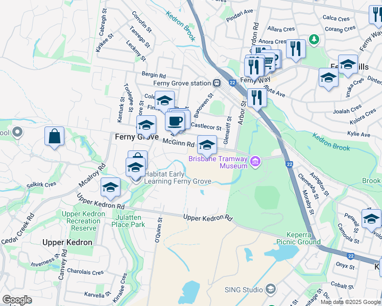 map of restaurants, bars, coffee shops, grocery stores, and more near 10A Persimmon Street in Ferny Grove