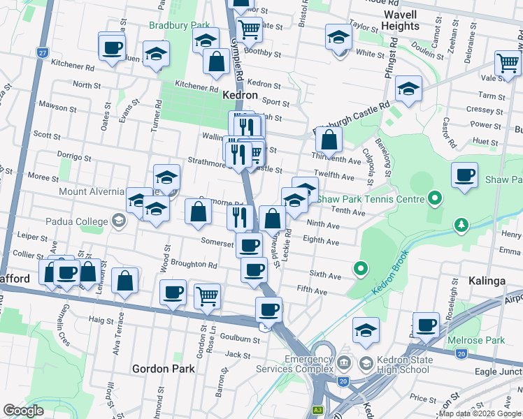 map of restaurants, bars, coffee shops, grocery stores, and more near 12 Ramsay Street in Kedron