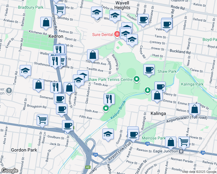 map of restaurants, bars, coffee shops, grocery stores, and more near 77 Tenth Avenue in Kedron