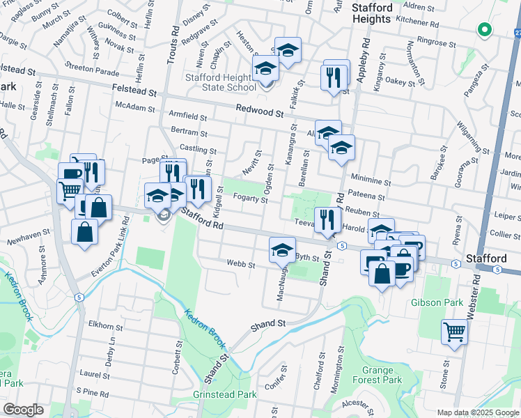 map of restaurants, bars, coffee shops, grocery stores, and more near 24 Ogden Street in Stafford
