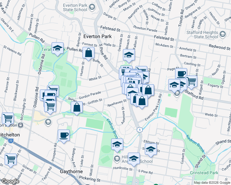 map of restaurants, bars, coffee shops, grocery stores, and more near 35 Griffith Street in Everton Park