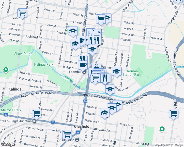map of restaurants, bars, coffee shops, grocery stores, and more near 1117 Sandgate Road in Nundah