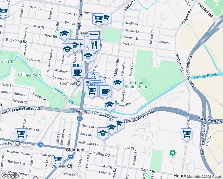 map of restaurants, bars, coffee shops, grocery stores, and more near 16 Melton Road in Nundah