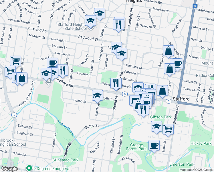 map of restaurants, bars, coffee shops, grocery stores, and more near 22 Teevan Street in Stafford