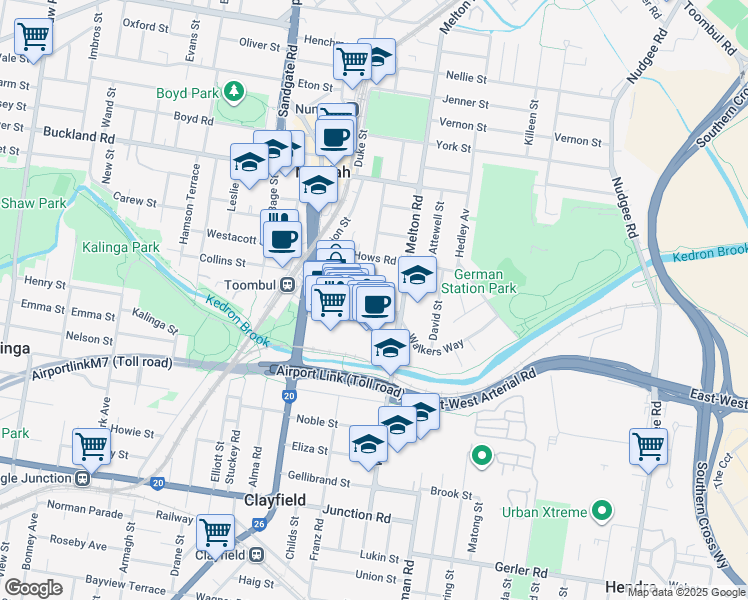 map of restaurants, bars, coffee shops, grocery stores, and more near 34 Kreutzer Street in Nundah