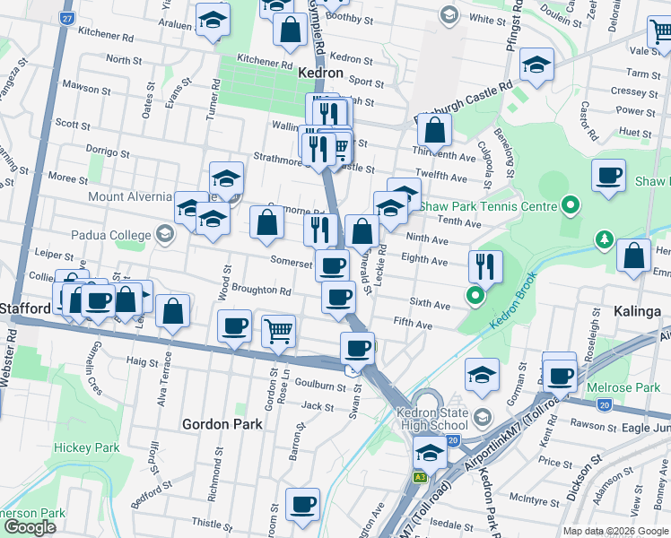 map of restaurants, bars, coffee shops, grocery stores, and more near 257-263 Gympie Road in Kedron