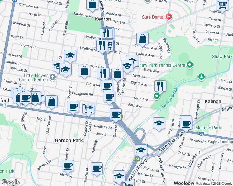 map of restaurants, bars, coffee shops, grocery stores, and more near 14 Emerald Street in Kedron