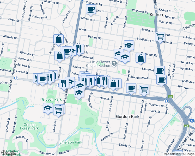 map of restaurants, bars, coffee shops, grocery stores, and more near 29 Lutana Street in Stafford