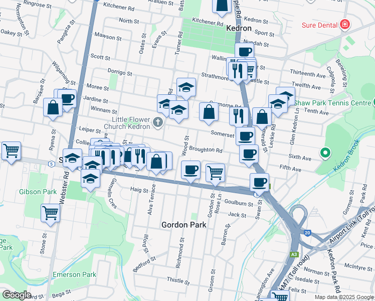 map of restaurants, bars, coffee shops, grocery stores, and more near 108 Broughton Road in Kedron