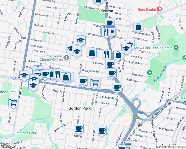 map of restaurants, bars, coffee shops, grocery stores, and more near 73 Homebush Road in Kedron