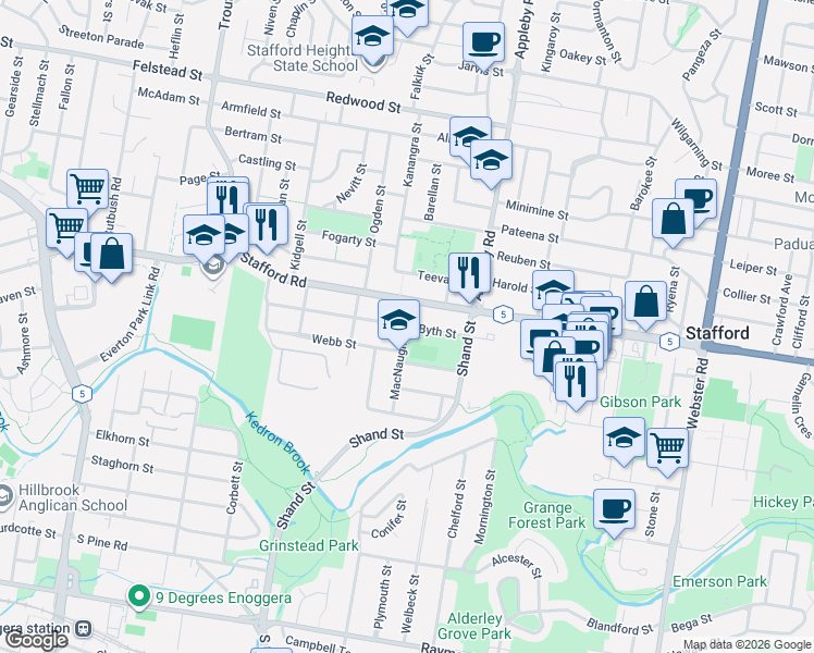 map of restaurants, bars, coffee shops, grocery stores, and more near Byth Street in Stafford