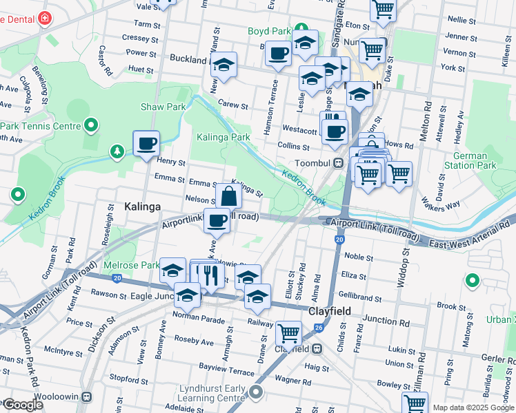 map of restaurants, bars, coffee shops, grocery stores, and more near 31 Kalinga Street in Clayfield