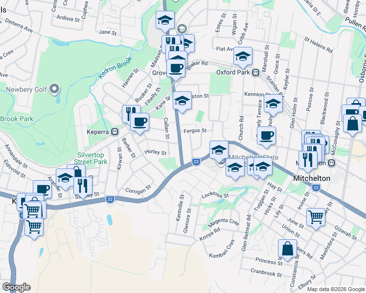 map of restaurants, bars, coffee shops, grocery stores, and more near 27 Dawson Parade in Keperra