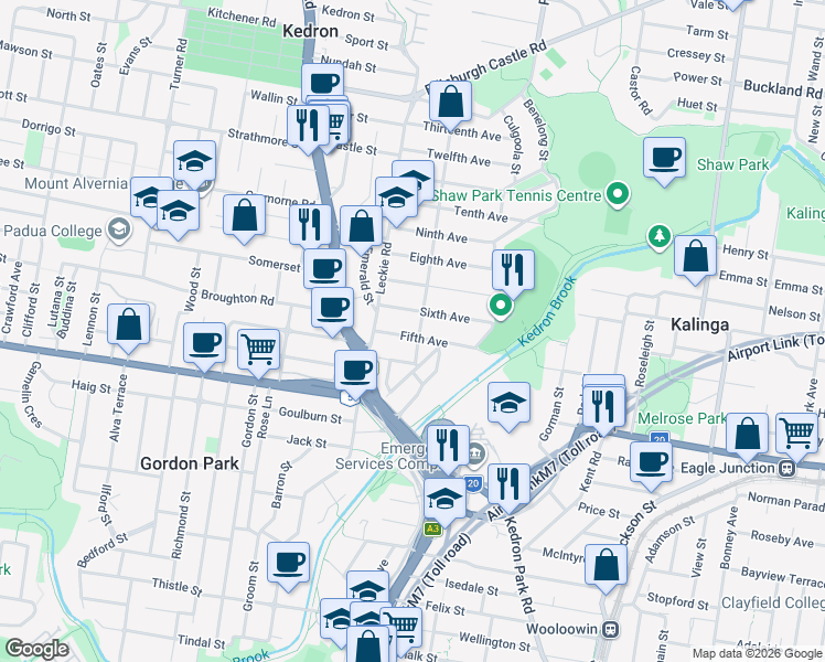 map of restaurants, bars, coffee shops, grocery stores, and more near 28 Fifth Avenue in Kedron