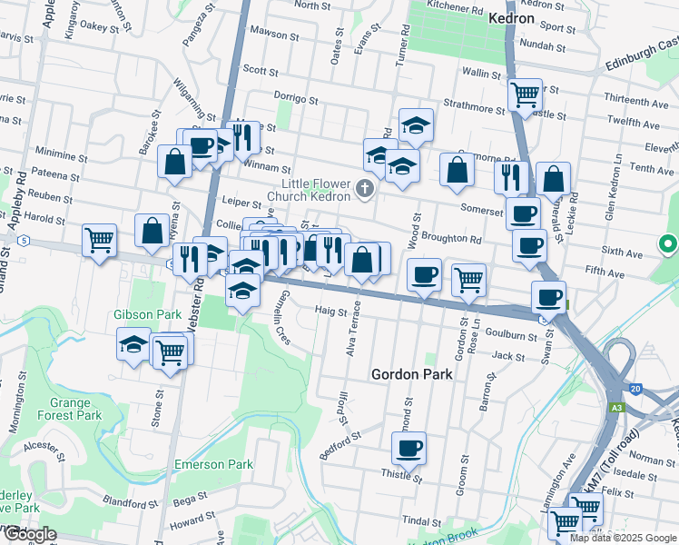 map of restaurants, bars, coffee shops, grocery stores, and more near 46 Hutchins Street in Kedron