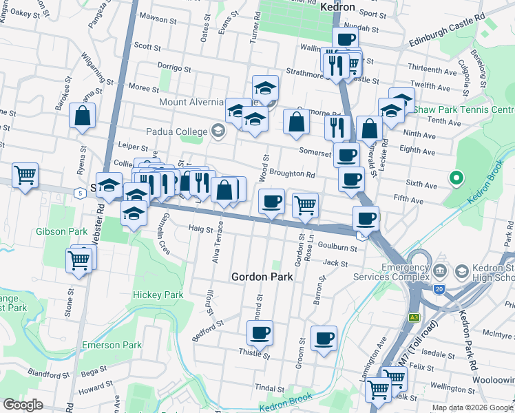 map of restaurants, bars, coffee shops, grocery stores, and more near 9 Bradley Avenue in Kedron