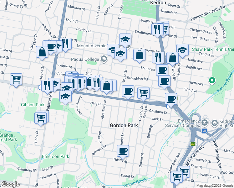 map of restaurants, bars, coffee shops, grocery stores, and more near 8 Bradley Avenue in Kedron