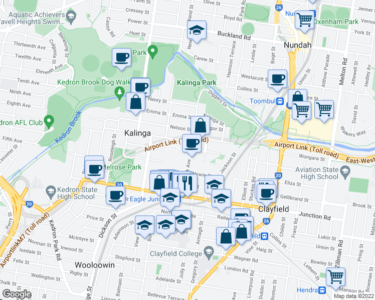 map of restaurants, bars, coffee shops, grocery stores, and more near 3 Stewart Avenue in Clayfield