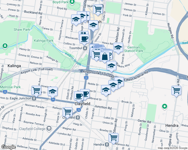 map of restaurants, bars, coffee shops, grocery stores, and more near 24 Wongara Street in Clayfield
