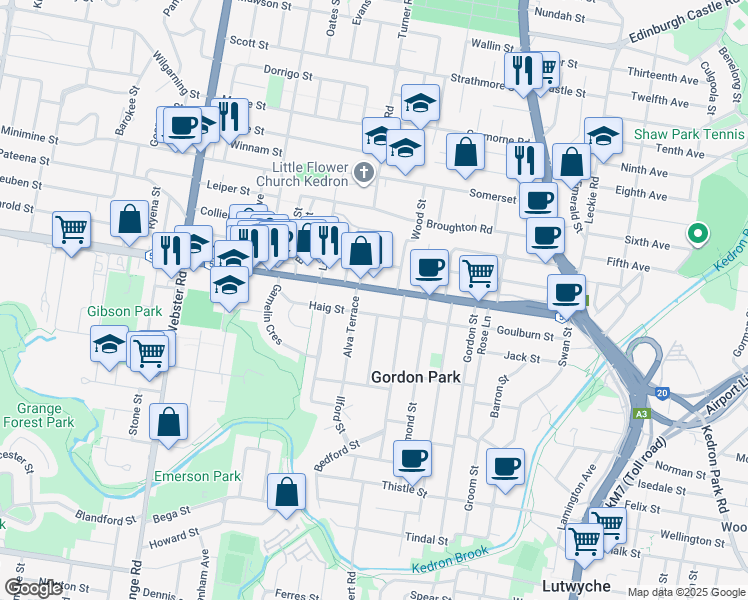 map of restaurants, bars, coffee shops, grocery stores, and more near 158 Stafford Road in Gordon Park